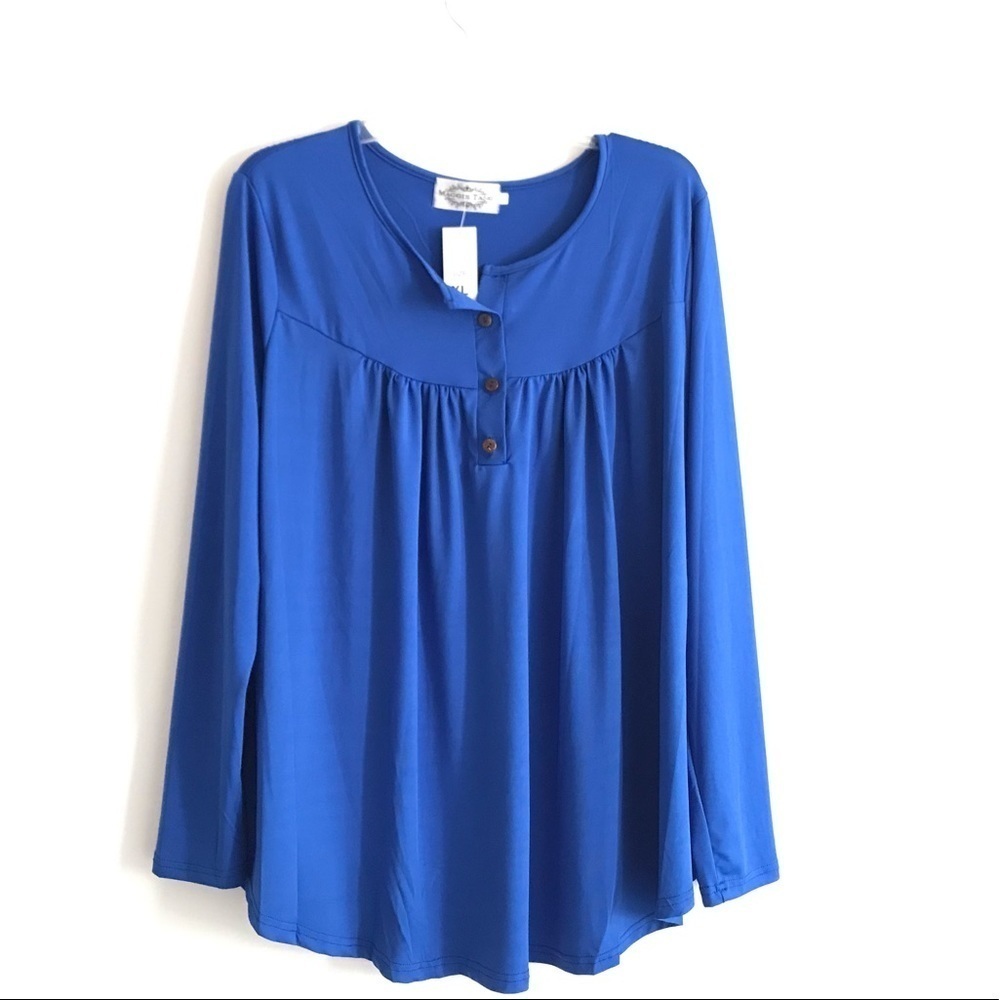Maggie Tang | Popover Top Womens XL Blue Pong Sleeves Stretch Scoop Neck
